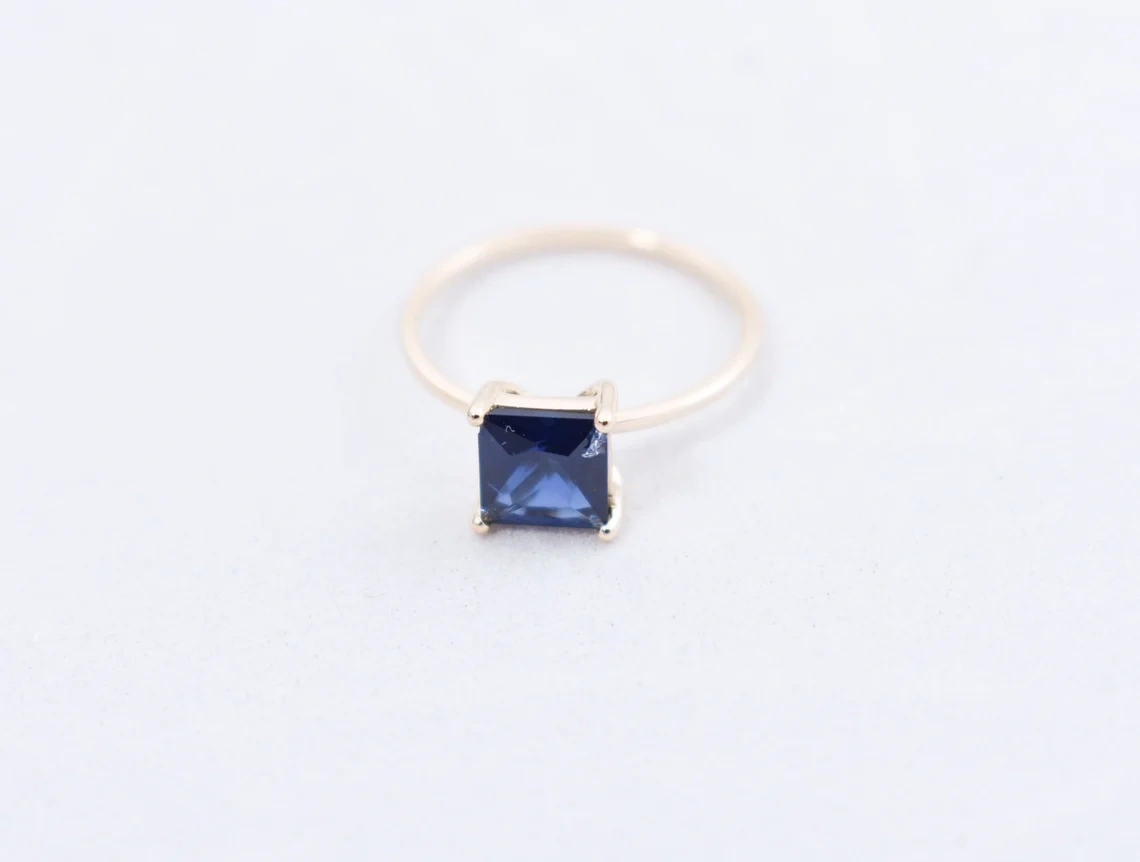 14k Solid Gold Square Iolite Faceted 4mm Princess Cut Iolite Ring September birthstone Simple Dainty Handmade Gemstone Ring Gift for Her-10 3/4 US/Uk size – V-3