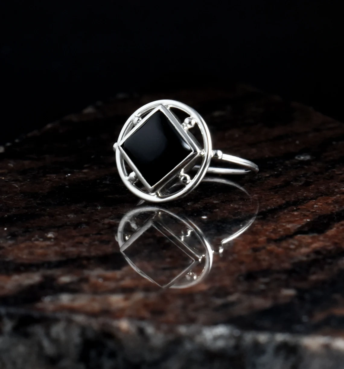 Black Onyx Square Smooth Stone 925 Sterling Silver Ring Promise Ring, Stone Ring, Dainty Ring, Unique Ring, Black Stone Ring-11431472