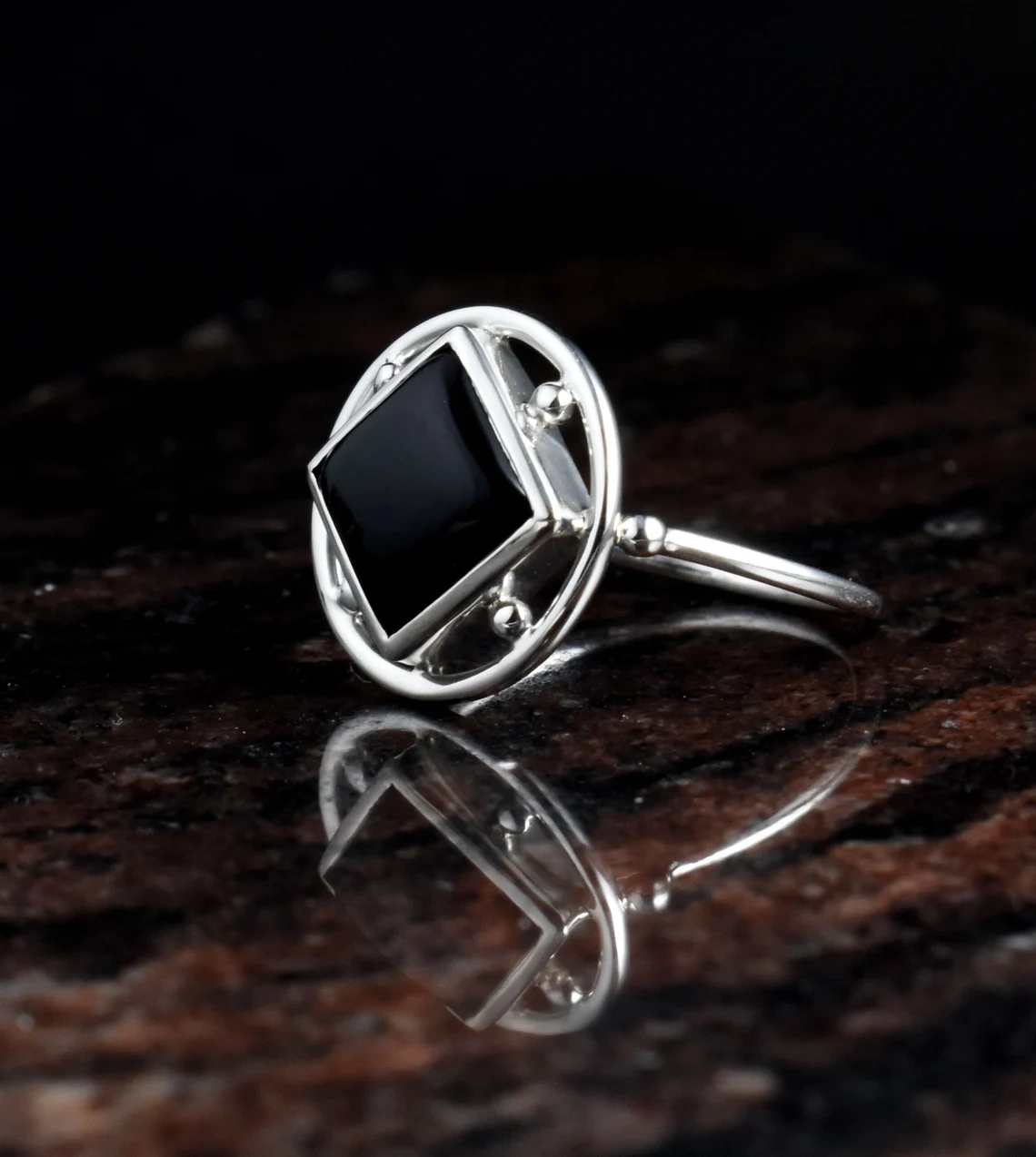 Black Onyx Square Smooth Stone 925 Sterling Silver Ring Promise Ring, Stone Ring, Dainty Ring, Unique Ring, Black Stone Ring-10 3/4 US/Uk size – V-2