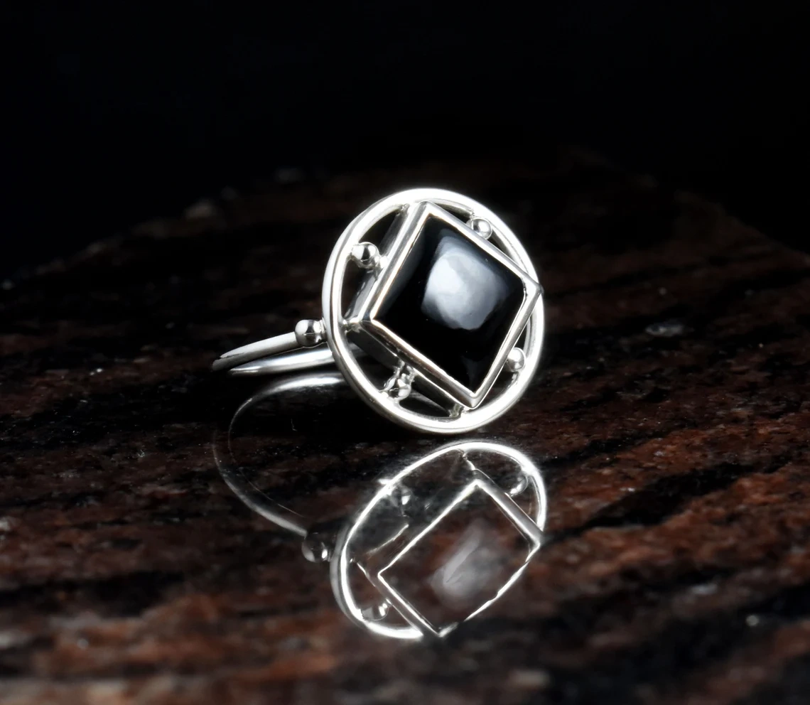 Black Onyx Square Smooth Stone 925 Sterling Silver Ring Promise Ring, Stone Ring, Dainty Ring, Unique Ring, Black Stone Ring-10 3/4 US/Uk size – V-6