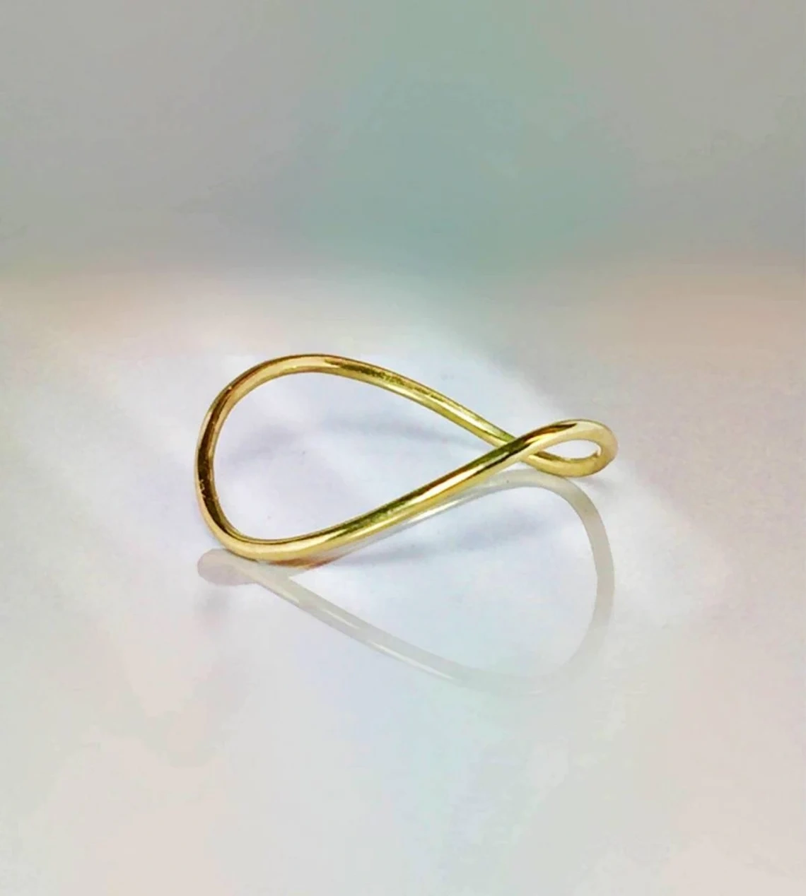 10K Solid Gold Thin Chevron Curved Ring Handmade Delicate Ocean Wave Stacking Thumb Ring Dainty Minimalist Gold knuckle Bohu Style Midi Ring-10 3/4 US/Uk size – V-1