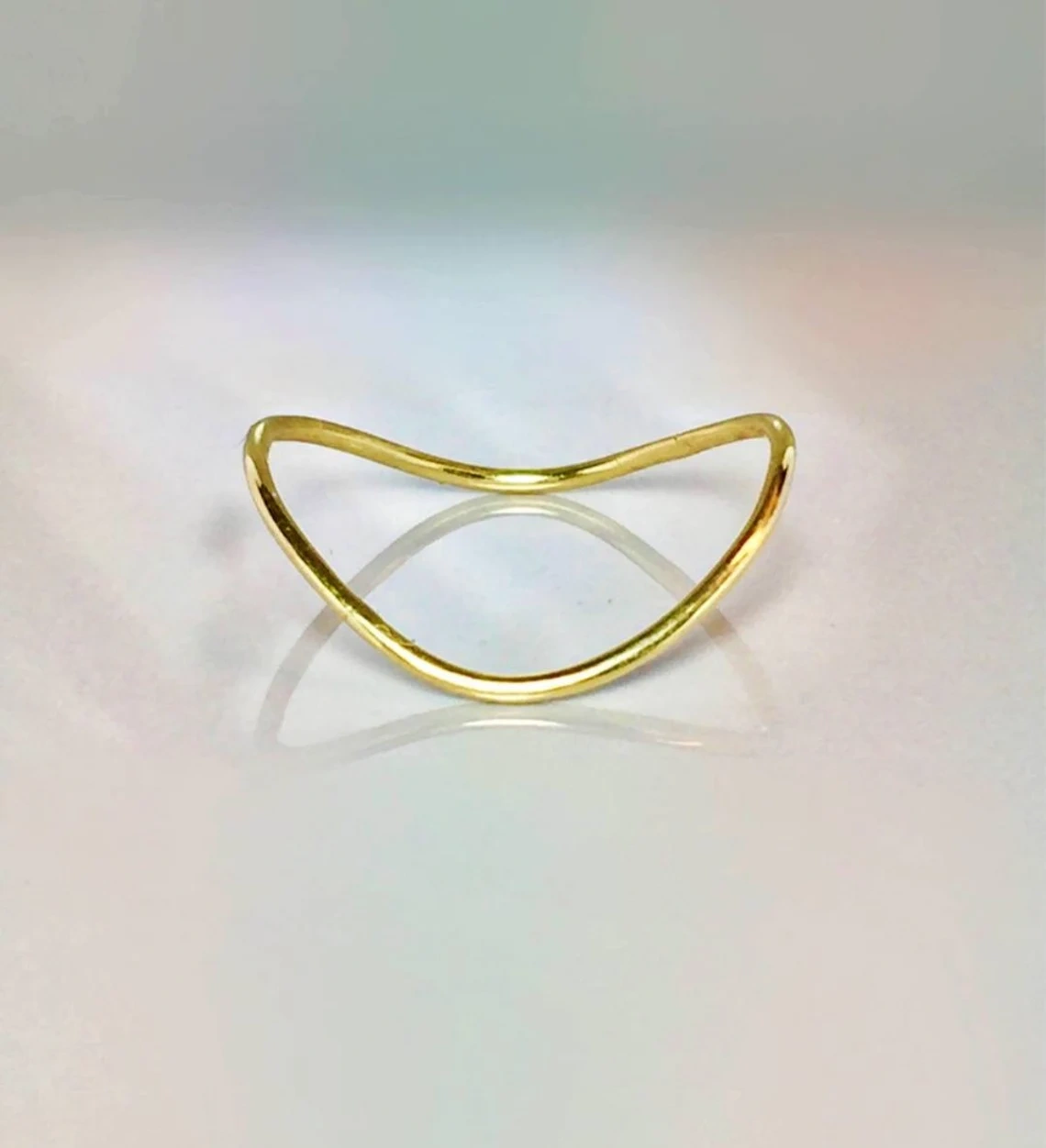 10K Solid Gold Thin Chevron Curved Ring Handmade Delicate Ocean Wave Stacking Thumb Ring Dainty Minimalist Gold knuckle Bohu Style Midi Ring-10 3/4 US/Uk size – V-2