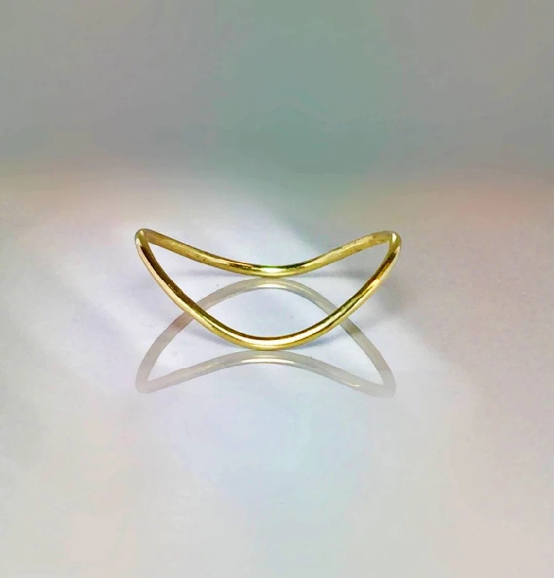 10K Solid Gold Thin Chevron Curved Ring Handmade Delicate Ocean Wave Stacking Thumb Ring Dainty Minimalist Gold knuckle Bohu Style Midi Ring-10 3/4 US/Uk size – V-3