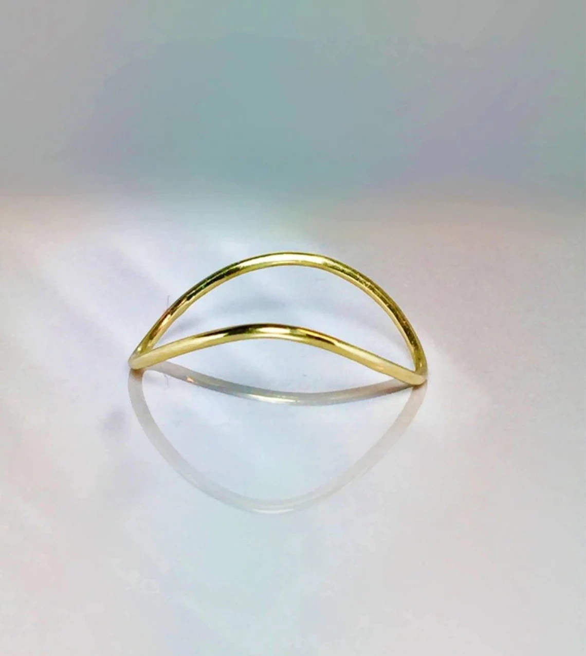 10K Solid Gold Thin Chevron Curved Ring Handmade Delicate Ocean Wave Stacking Thumb Ring Dainty Minimalist Gold knuckle Bohu Style Midi Ring-10 3/4 US/Uk size – V-4