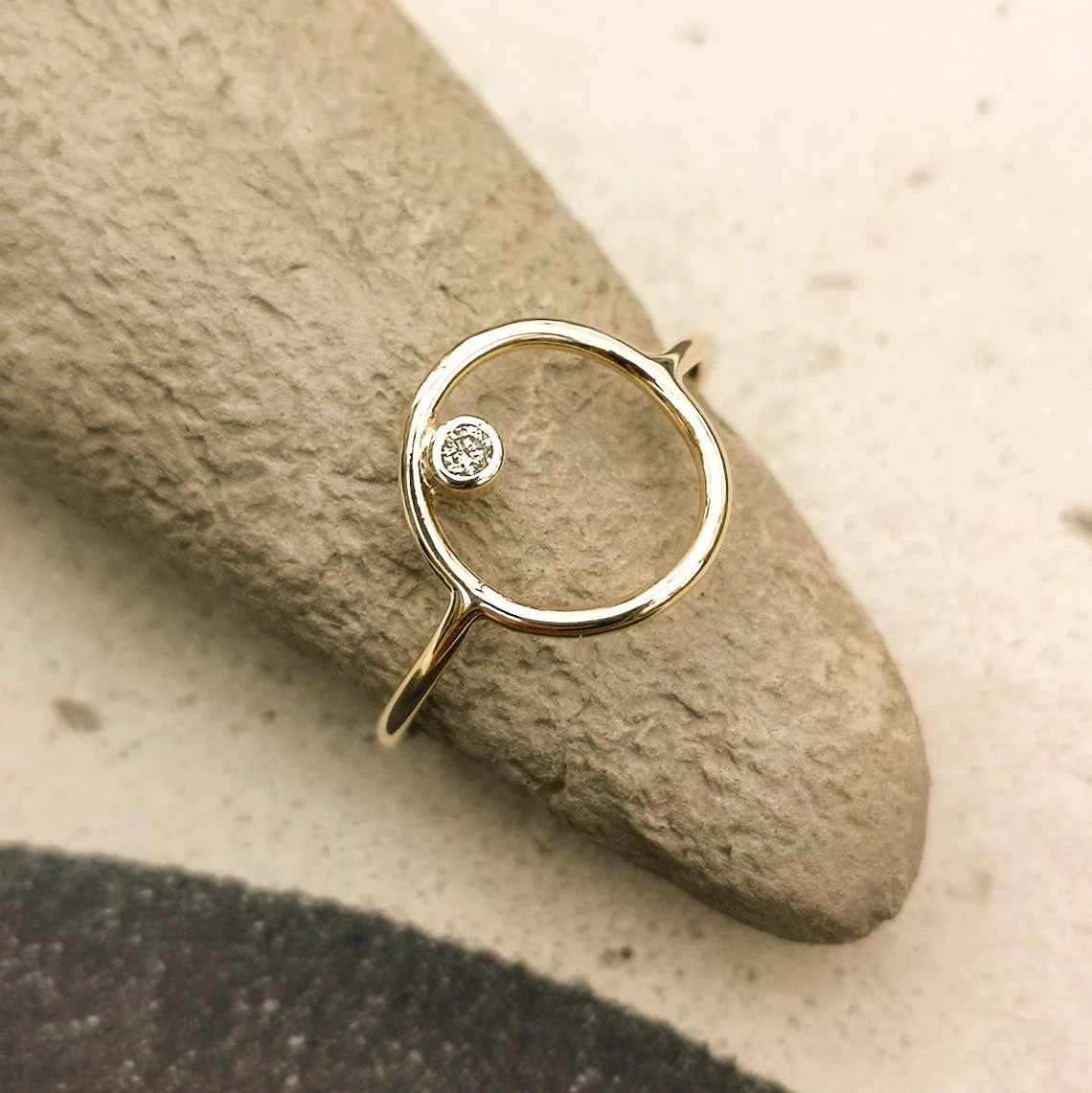 10K Solid Gold Round Tiny Crystal Karma Thin Ring Handmade Stacking Modernist Dainty Ring Minimalist Geometric Circle Unique Statement Ring-10 3/4 US/Uk size – V-1