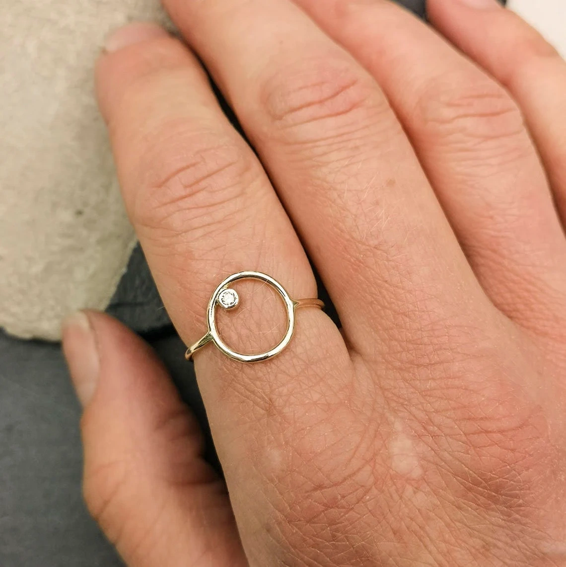 10K Solid Gold Round Tiny Crystal Karma Thin Ring Handmade Stacking Modernist Dainty Ring Minimalist Geometric Circle Unique Statement Ring-10 3/4 US/Uk size – V-6