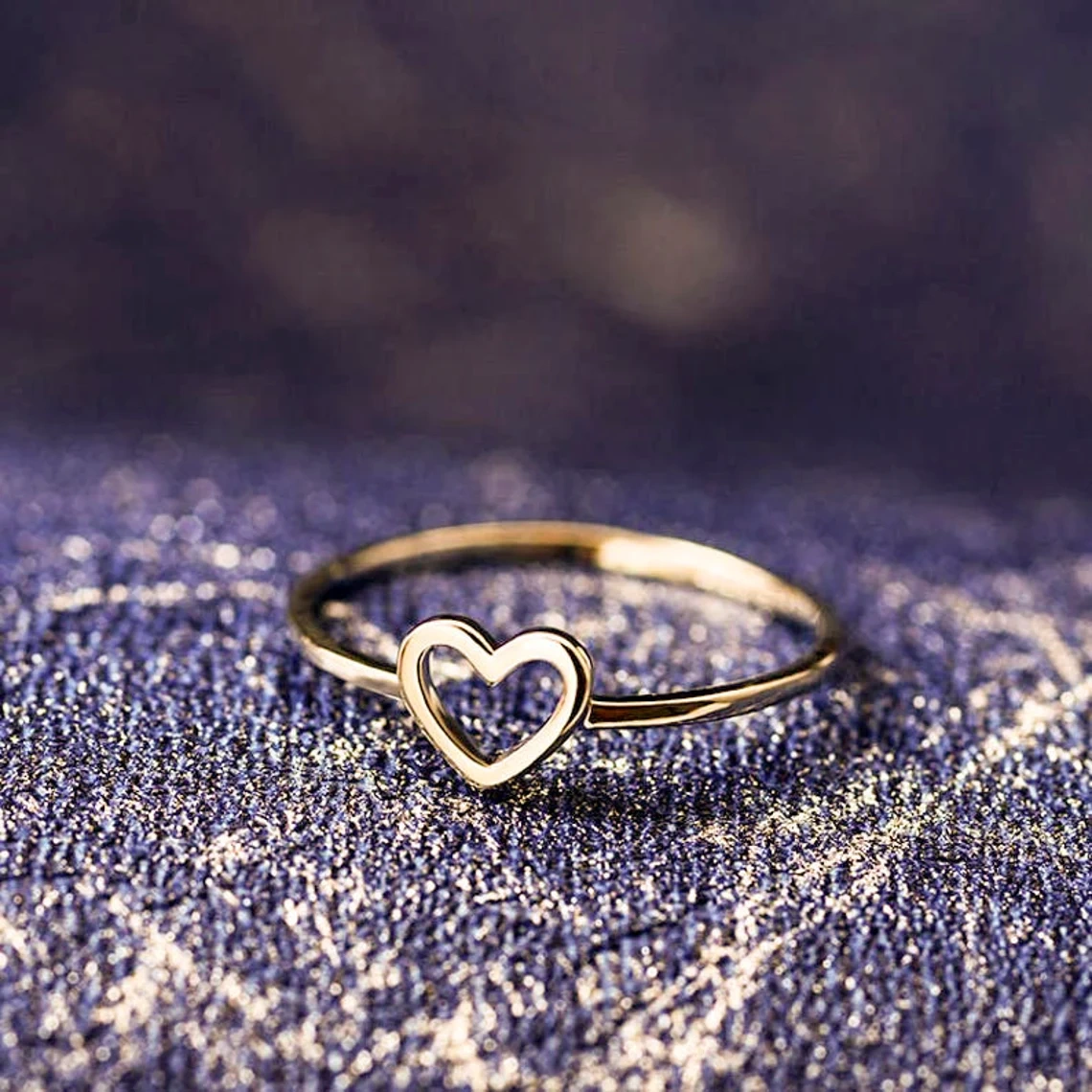 14K Solid Gold Dainty Heart Stacking Statement Ring Love Minimalist Delicate Ring Light Weighted Simple Unique Handmade Gold Open Heart Ring-11440786