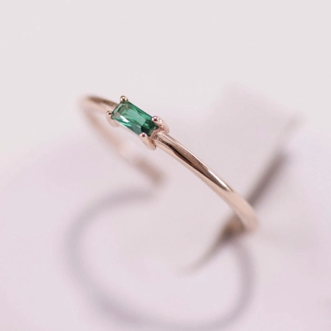 Baguette Shape Emerald 10K Solid Gold Ring Dainty Stacking Minimal Delicate Ring Light Weighted Prong Setting Precious Stone Handmade Ring-11440952