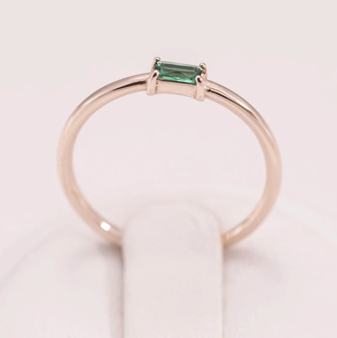 Baguette Shape Emerald 10K Solid Gold Ring Dainty Stacking Minimal Delicate Ring Light Weighted Prong Setting Precious Stone Handmade Ring-10 3/4 US/Uk size – V-2