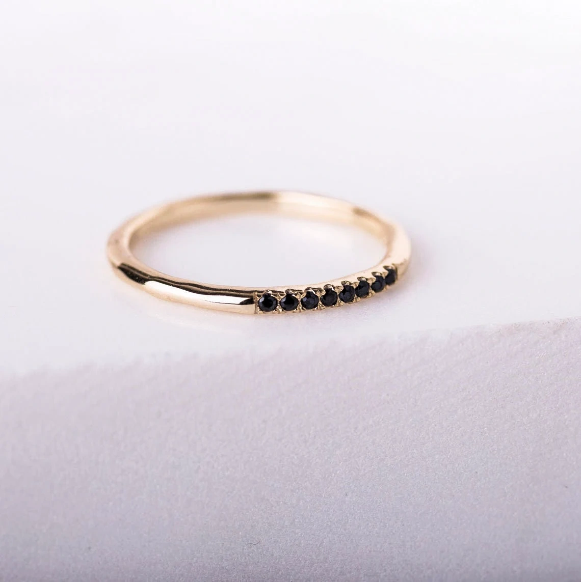 10K Solid Gold Tiny Round Inset Black Zirconia Ring Handmade Delicate Stacking Gemstone Ring Dainty Minimalist Statement Gold knuckle Ring-11441026