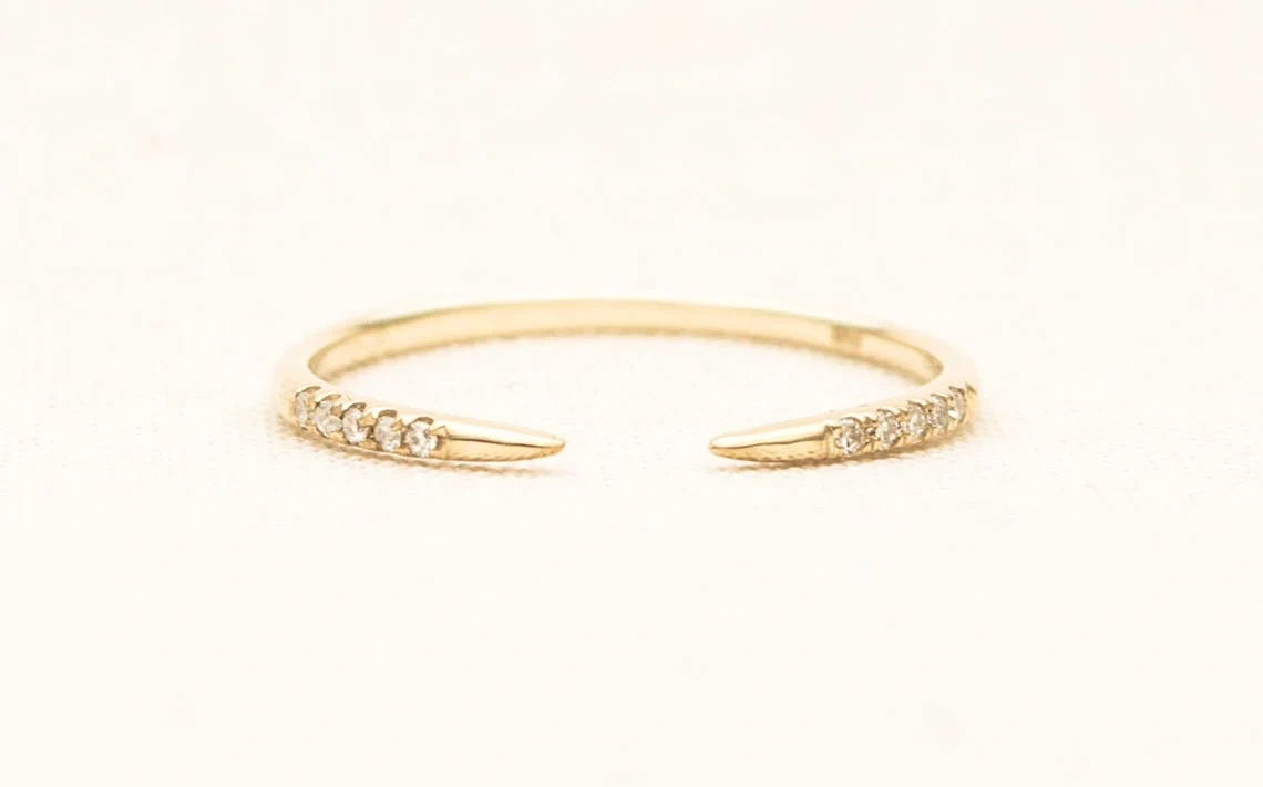 10K Solid Gold Dainty Open End Claw Inset Crystal Stacking Statement Adjustable Ring Handmade Minimal Delicate Ring Simple Unique Thin band-11441104