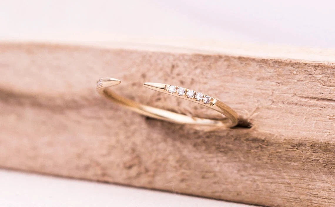 10K Solid Gold Dainty Open End Claw Inset Crystal Stacking Statement Adjustable Ring Handmade Minimal Delicate Ring Simple Unique Thin band-10 3/4 US/Uk size – V-1