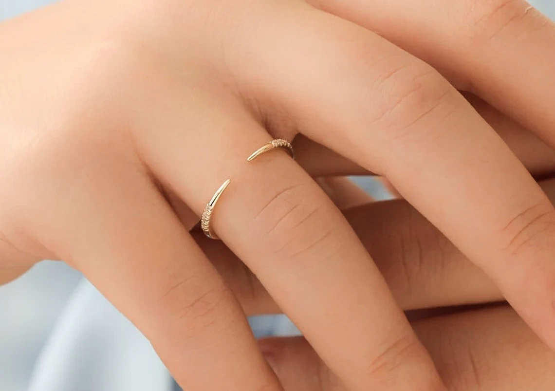 10K Solid Gold Dainty Open End Claw Inset Crystal Stacking Statement Adjustable Ring Handmade Minimal Delicate Ring Simple Unique Thin band-10 3/4 US/Uk size – V-4