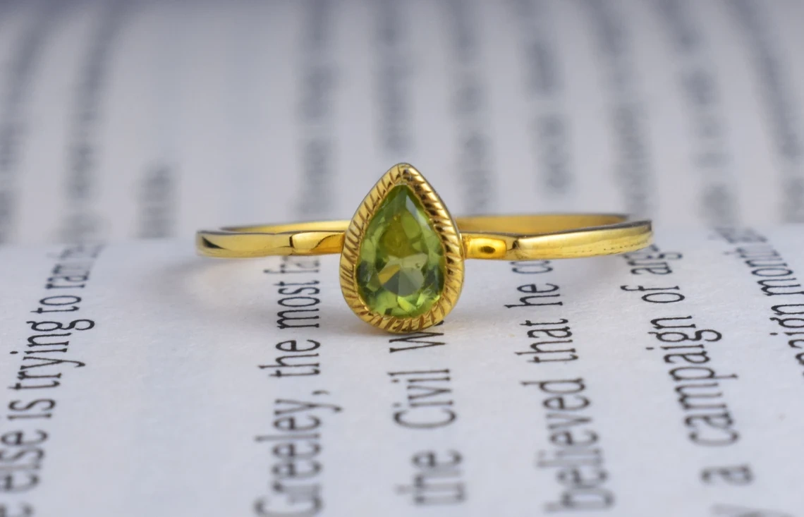 Peridot Studded Sterling Silver Ring, Semi Precious Stone ,Yellow Rhodium Plated Ring, Green Drop Shape Faceted Stone Ring-11444752