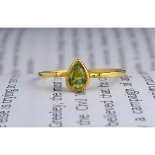 Peridot Studded Sterling Silver Ring, Semi Precious Stone ,Yellow Rhodium Plated Ring, Green Drop Shape Faceted Stone Ring