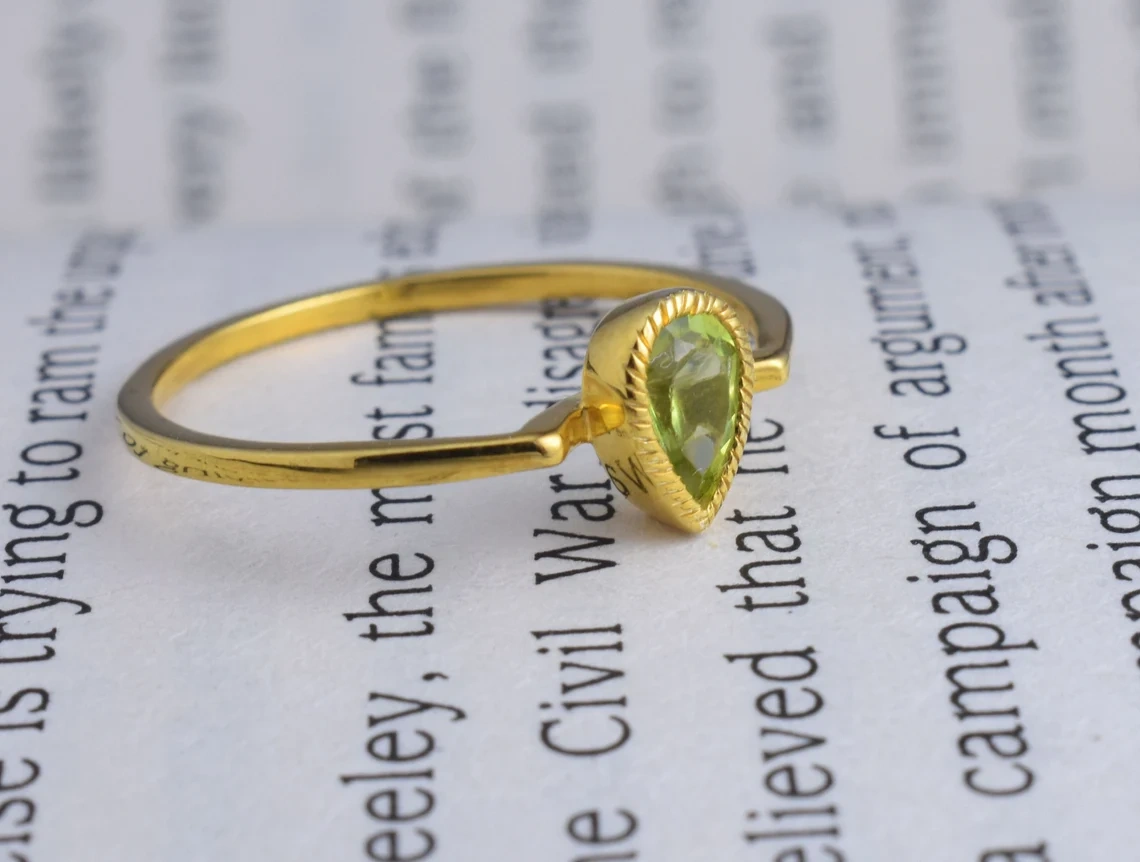 Peridot Studded Sterling Silver Ring, Semi Precious Stone ,Yellow Rhodium Plated Ring, Green Drop Shape Faceted Stone Ring-10 3/4 US/Uk size – V-1
