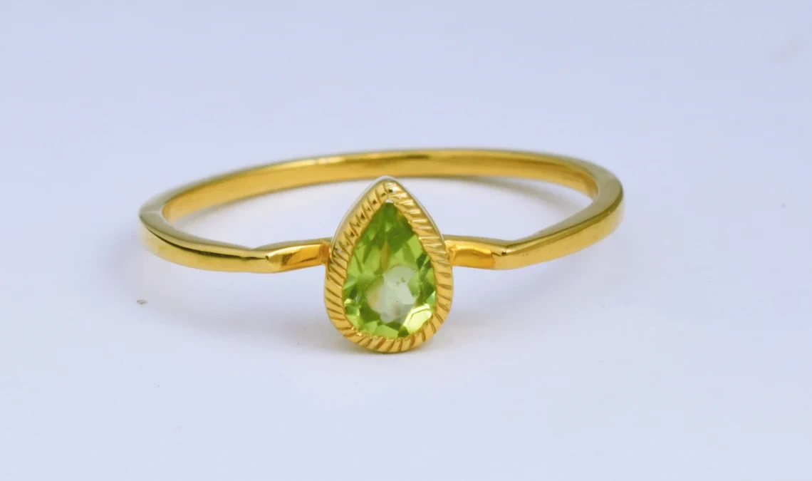 Peridot Studded Sterling Silver Ring, Semi Precious Stone ,Yellow Rhodium Plated Ring, Green Drop Shape Faceted Stone Ring-10 3/4 US/Uk size – V-3