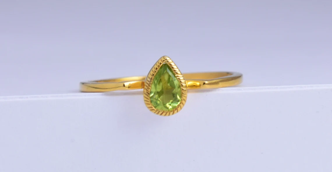 Peridot Studded Sterling Silver Ring, Semi Precious Stone ,Yellow Rhodium Plated Ring, Green Drop Shape Faceted Stone Ring-10 3/4 US/Uk size – V-4