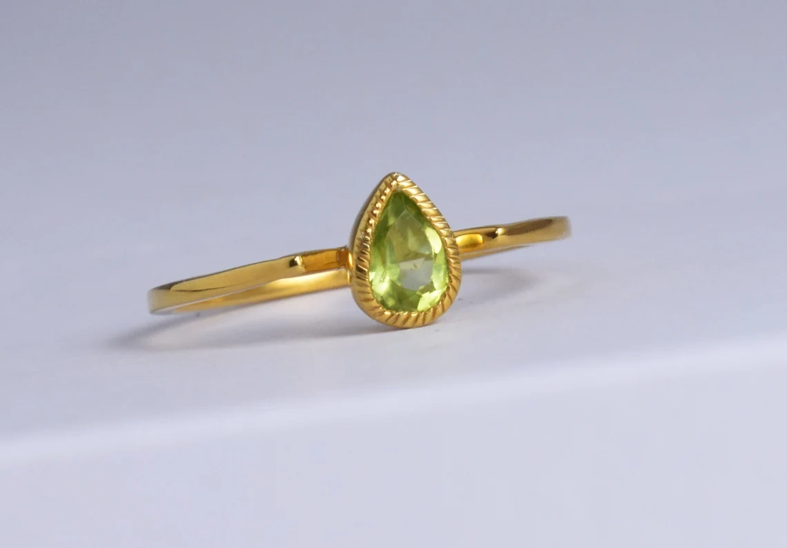 Peridot Studded Sterling Silver Ring, Semi Precious Stone ,Yellow Rhodium Plated Ring, Green Drop Shape Faceted Stone Ring-10 3/4 US/Uk size – V-5