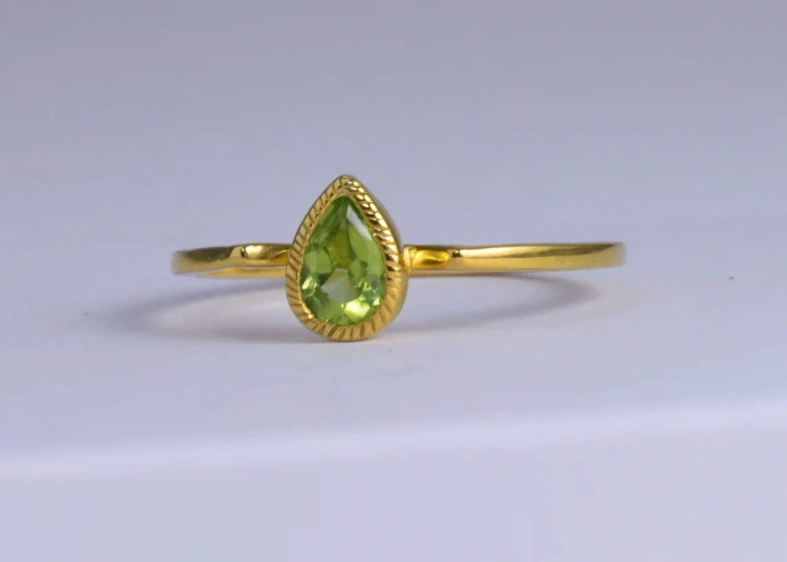 Peridot Studded Sterling Silver Ring, Semi Precious Stone ,Yellow Rhodium Plated Ring, Green Drop Shape Faceted Stone Ring-10 3/4 US/Uk size – V-6