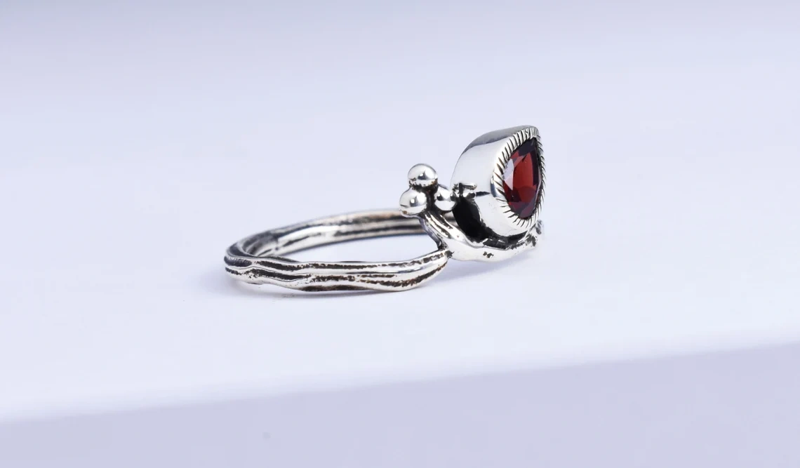 Pear shape faceted Garnet Sterling Silver Ring Quirky Ring Boho Ring Red Stone Ring Oxidized Ring Great Gift For Her Drop Shape Stone Ring-10 3/4 US/Uk size – V-5