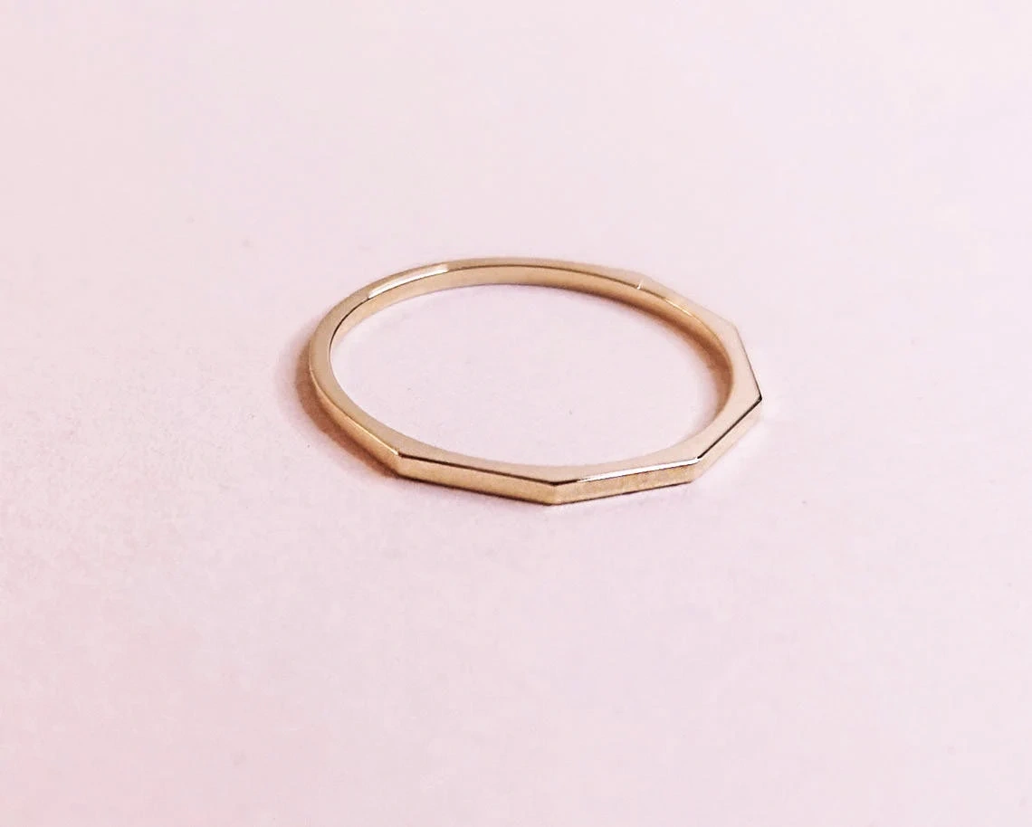 10K Solid Gold Thin Unique Edges Skinny Ring Handmade Plain Stacking Ring Modern Dainty Ring Minimalist Geometric Statement Wedding Ring-11445478