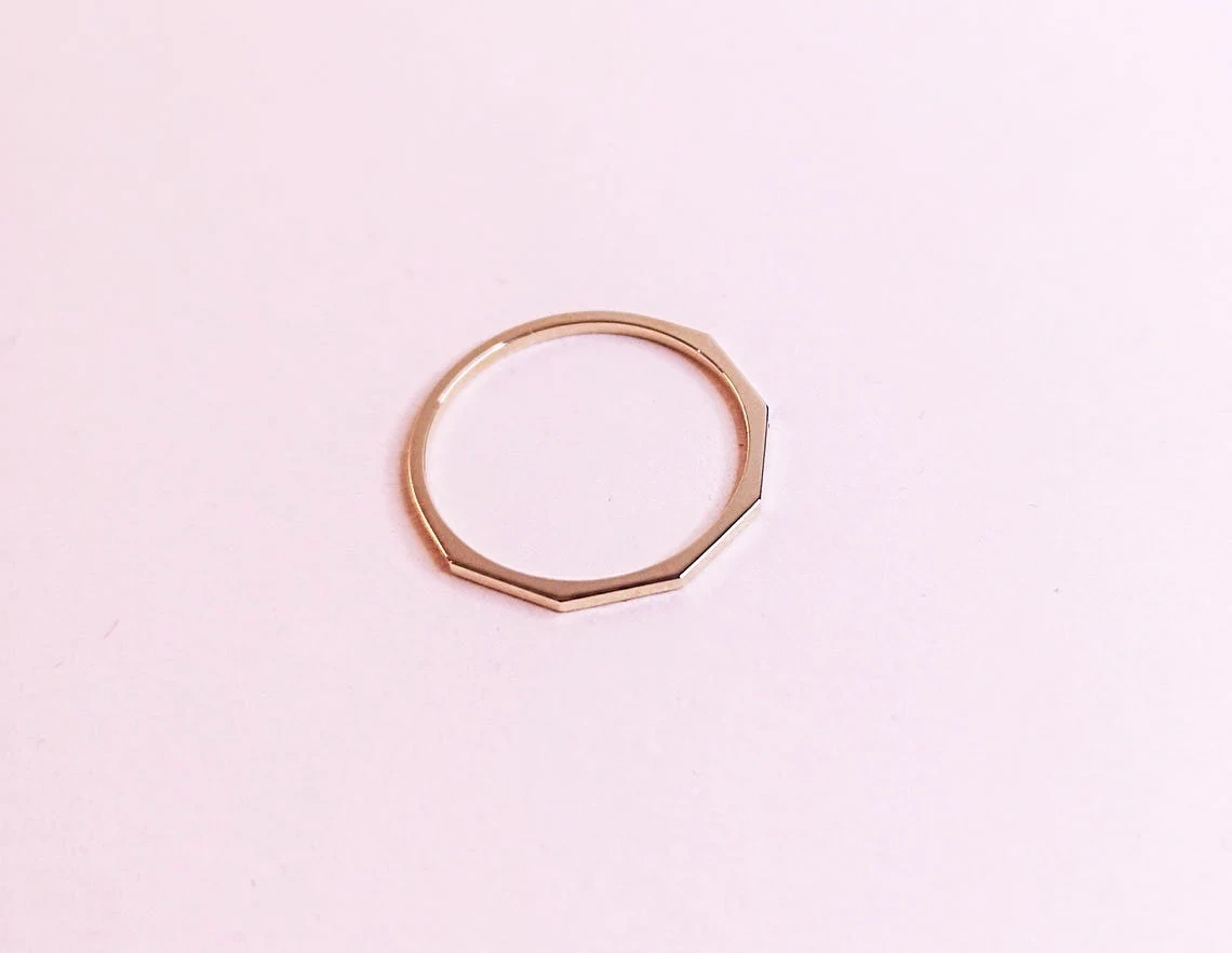 10K Solid Gold Thin Unique Edges Skinny Ring Handmade Plain Stacking Ring Modern Dainty Ring Minimalist Geometric Statement Wedding Ring-10 3/4 US/Uk size – V-1