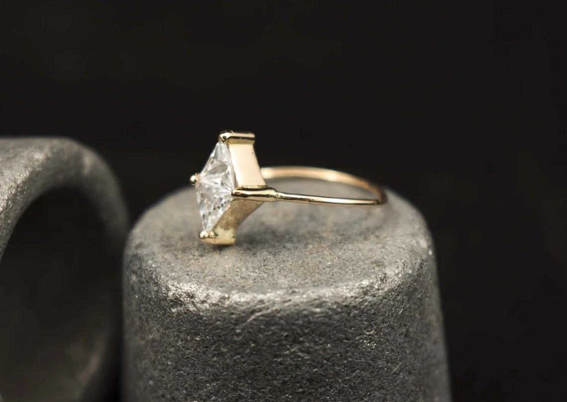 Kite Princess Cut Crystal 10K Solid Gold Ring 10K Gold ring Rock Crystal Minimalist Kite Cut Engagement Ring Inset Stone Handmade Ring-10 3/4 US/Uk size – V-1