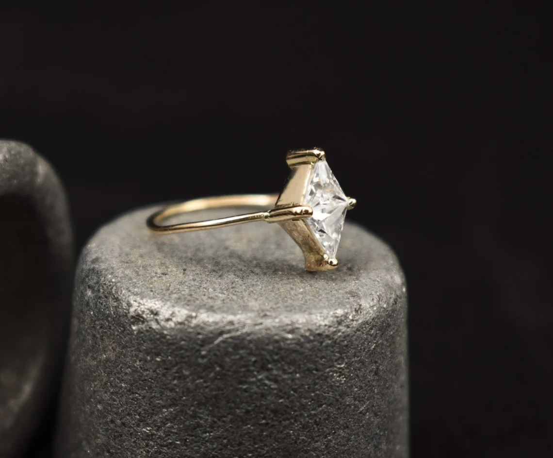 Kite Princess Cut Crystal 10K Solid Gold Ring 10K Gold ring Rock Crystal Minimalist Kite Cut Engagement Ring Inset Stone Handmade Ring-10 3/4 US/Uk size – V-2
