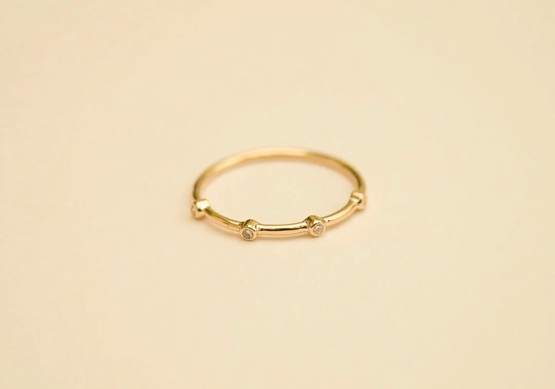 10K Solid Gold Tiny Diamond Plain Ring Handmade Dainty Inset Diamond Delicate Stacking Precious Gemstone Ring Minimal Everyday Ring for Her-11445798