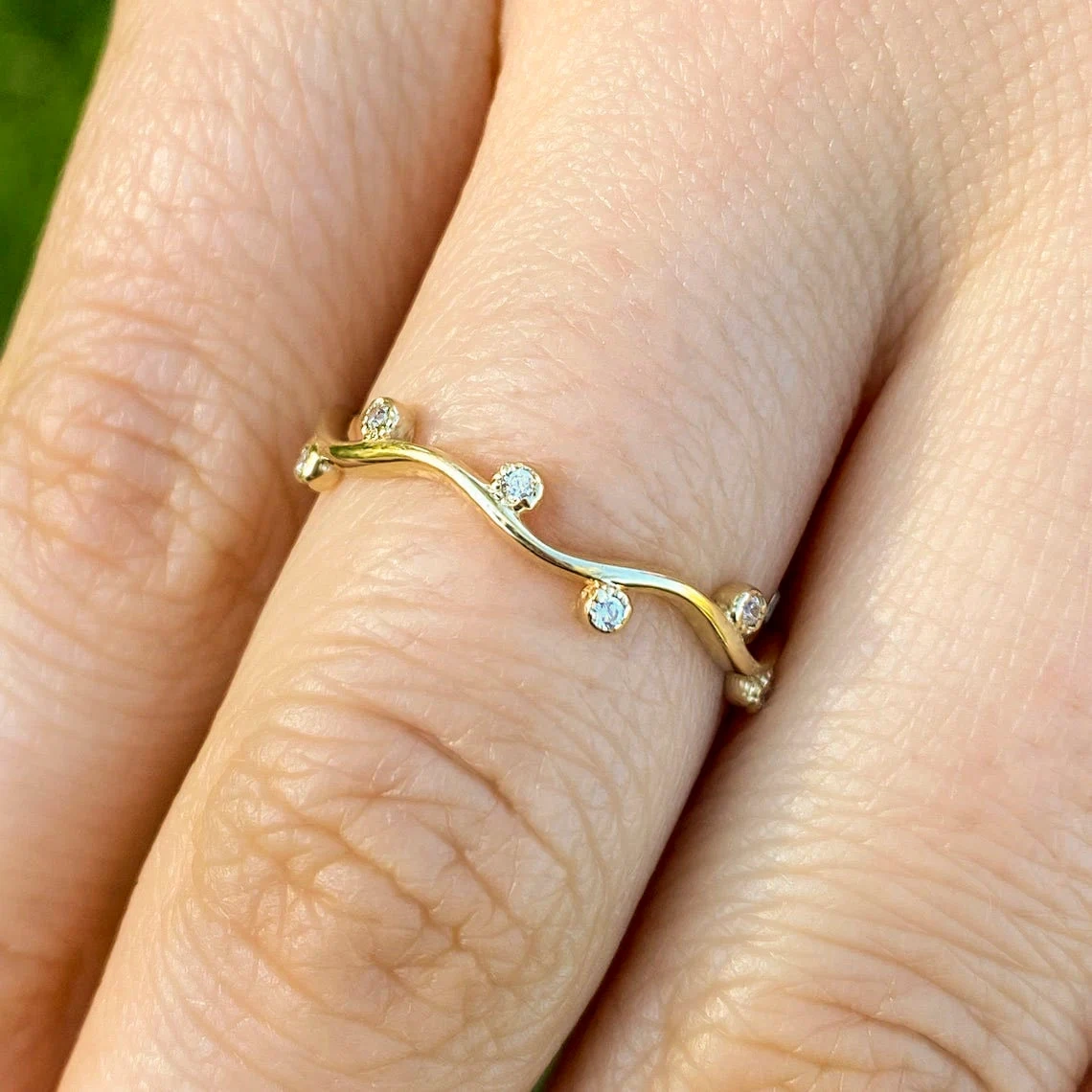 10K Solid Gold Tiny Diamond Plain Vine Ring Handmade Dainty Inset Diamond Delicate Stacking Gemstone Wavy Ring Minimal Everyday Ring for Her-11446496