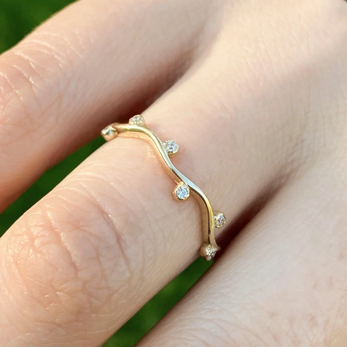 10K Solid Gold Tiny Diamond Plain Vine Ring Handmade Dainty Inset Diamond Delicate Stacking Gemstone Wavy Ring Minimal Everyday Ring for Her-10 3/4 US/Uk size – V-2