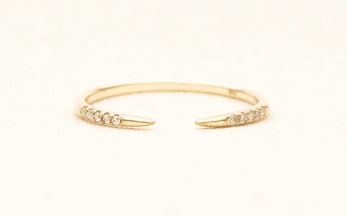 14K Solid Gold Dainty Open End Claw Inset Crystal Stacking Statement Adjustable Ring Handmade Minimal Delicate Ring Simple Unique Thin band-11446652