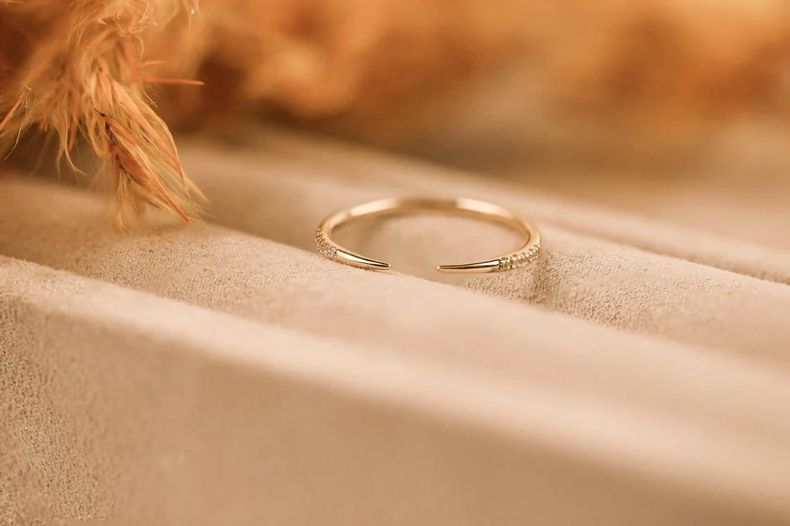 14K Solid Gold Dainty Open End Claw Inset Crystal Stacking Statement Adjustable Ring Handmade Minimal Delicate Ring Simple Unique Thin band-10 3/4 US/Uk size – V-3