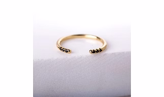 10K Solid Gold Inset Tiny Black Diamond Plain Cuff Ring Handmade Dainty Diamond Studded Delicate Stacking Gemstone Ring Minimal Open Band