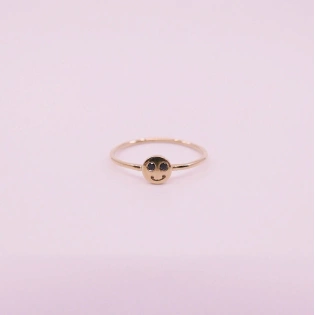 14K Solid Gold Dainty Smile Face Black Diamond Ring Minimalist Delicate Tiny Smiley Simple Unique Handmade Gold Unique Happy Stacking Ring