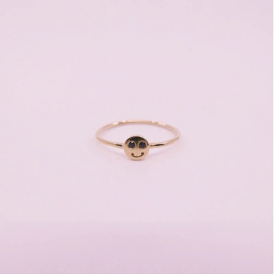 14K Solid Gold Dainty Smile Face Black Diamond Ring Minimalist Delicate Tiny Smiley Simple Unique Handmade Gold Unique Happy Stacking Ring