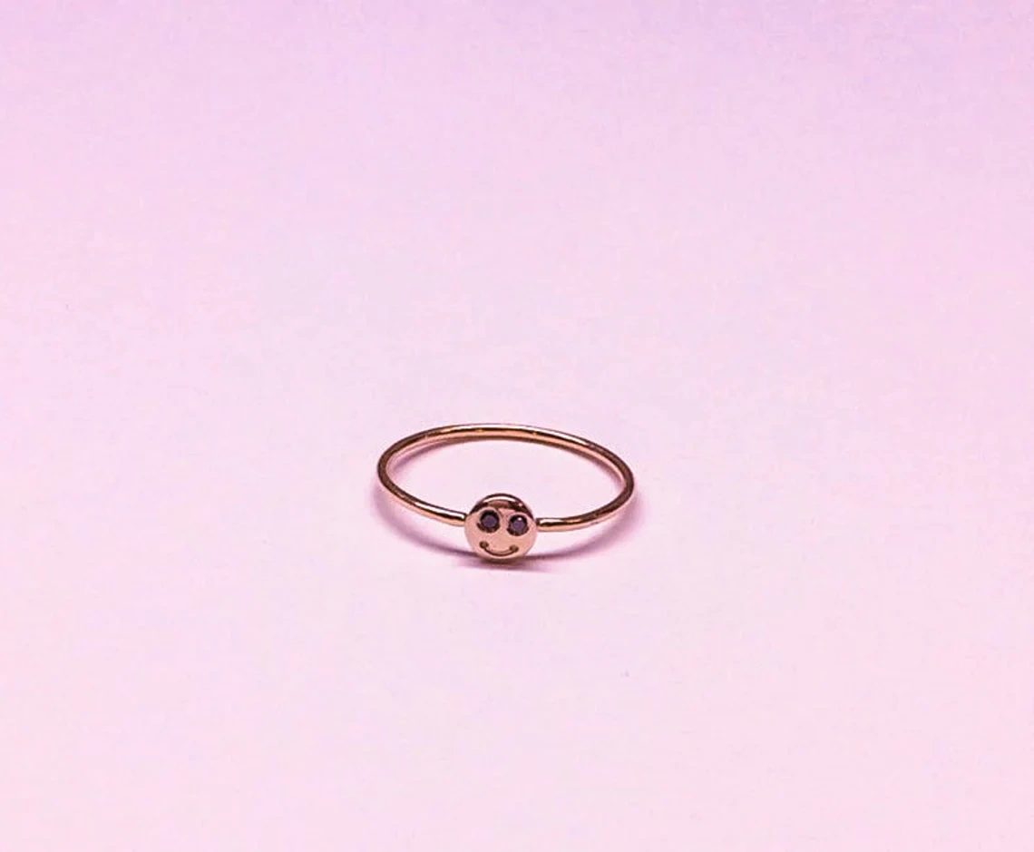 14K Solid Gold Dainty Smile Face Black Diamond Ring Minimalist Delicate Tiny Smiley Simple Unique Handmade Gold Unique Happy Stacking Ring-10 3/4 US/Uk size – V-3