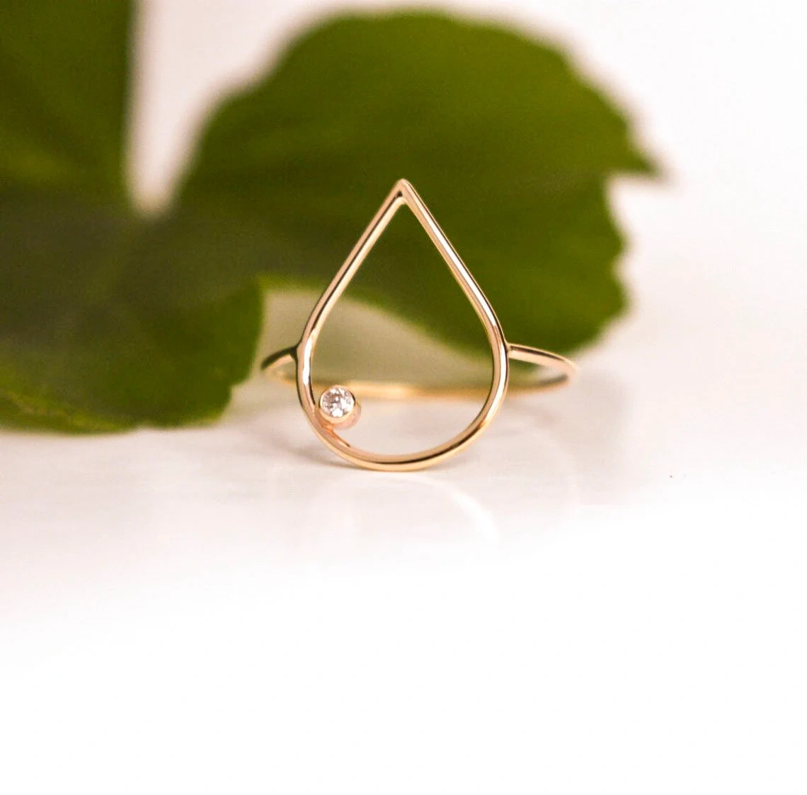 10K Solid Gold Teardrop Shape Diamond Thin Ring Handmade Stacking Modernist Dainty Ring Minimalist Geometric pointy Unique Statement Ring-11447420