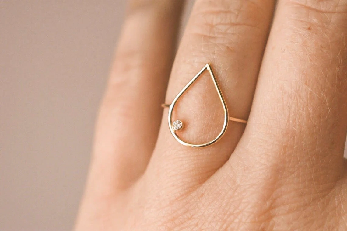 10K Solid Gold Teardrop Shape Diamond Thin Ring Handmade Stacking Modernist Dainty Ring Minimalist Geometric pointy Unique Statement Ring-10 3/4 US/Uk size – V-4