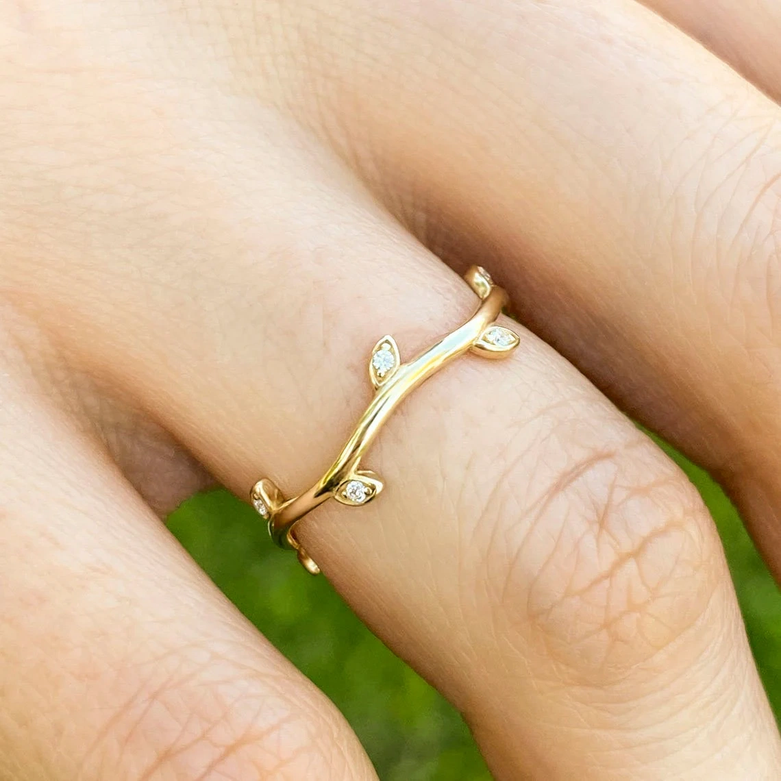 14K Solid Gold Tiny Diamond Plain Vine Leaf Ring Handmade Dainty Inset Diamond Delicate Stacking Gemstone Wavy Ring Minimalist leaves band-11450902