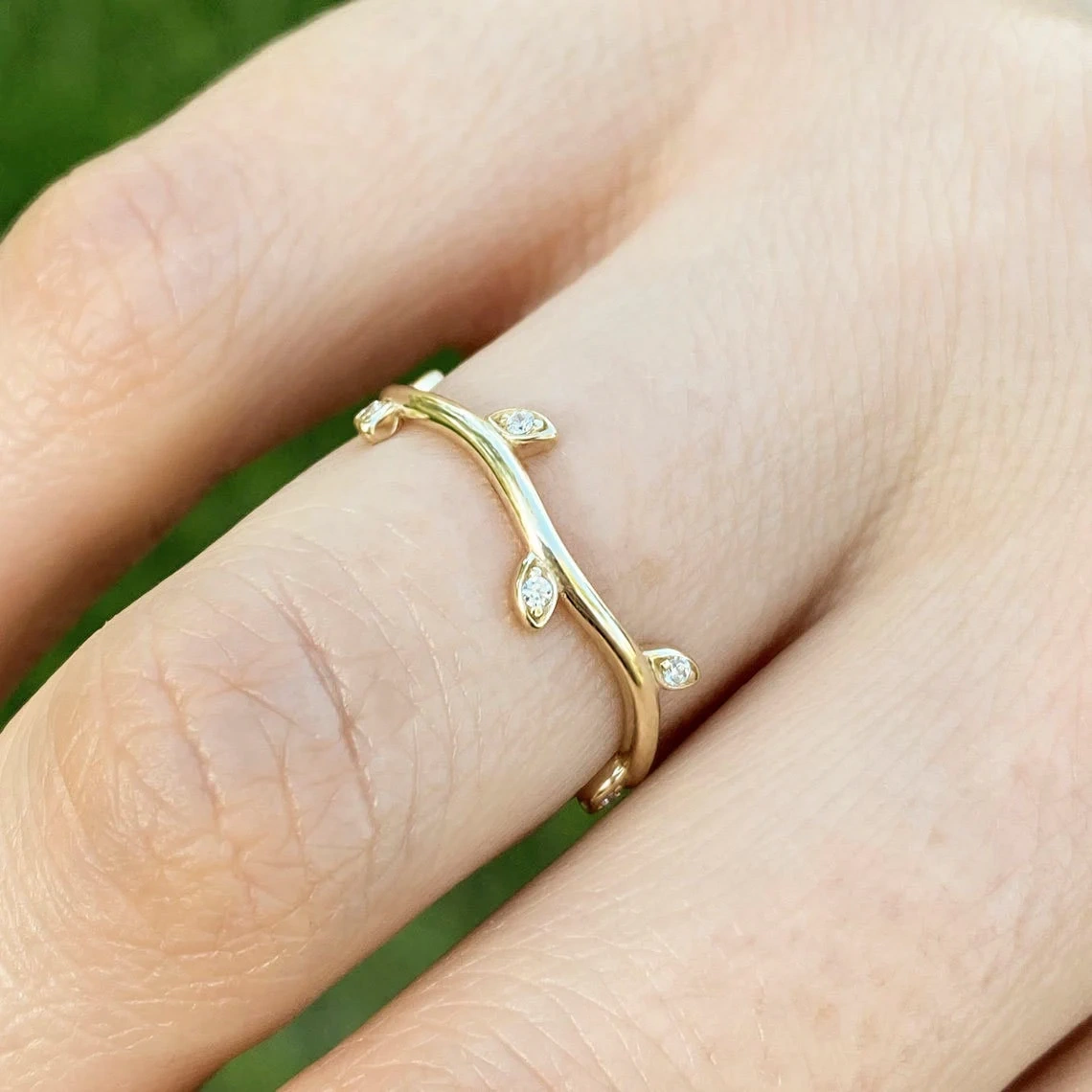 14K Solid Gold Tiny Diamond Plain Vine Leaf Ring Handmade Dainty Inset Diamond Delicate Stacking Gemstone Wavy Ring Minimalist leaves band-10 3/4 US/Uk size – V-2