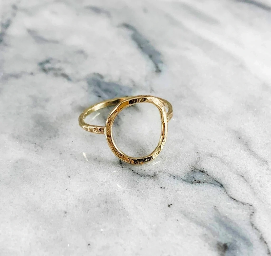 10K Solid Gold Hammered Karma Ring Handmade Open Circle Geometric Stacking Ring Dainty Textured Minimalist Statement Gold knuckle Ring-11450982