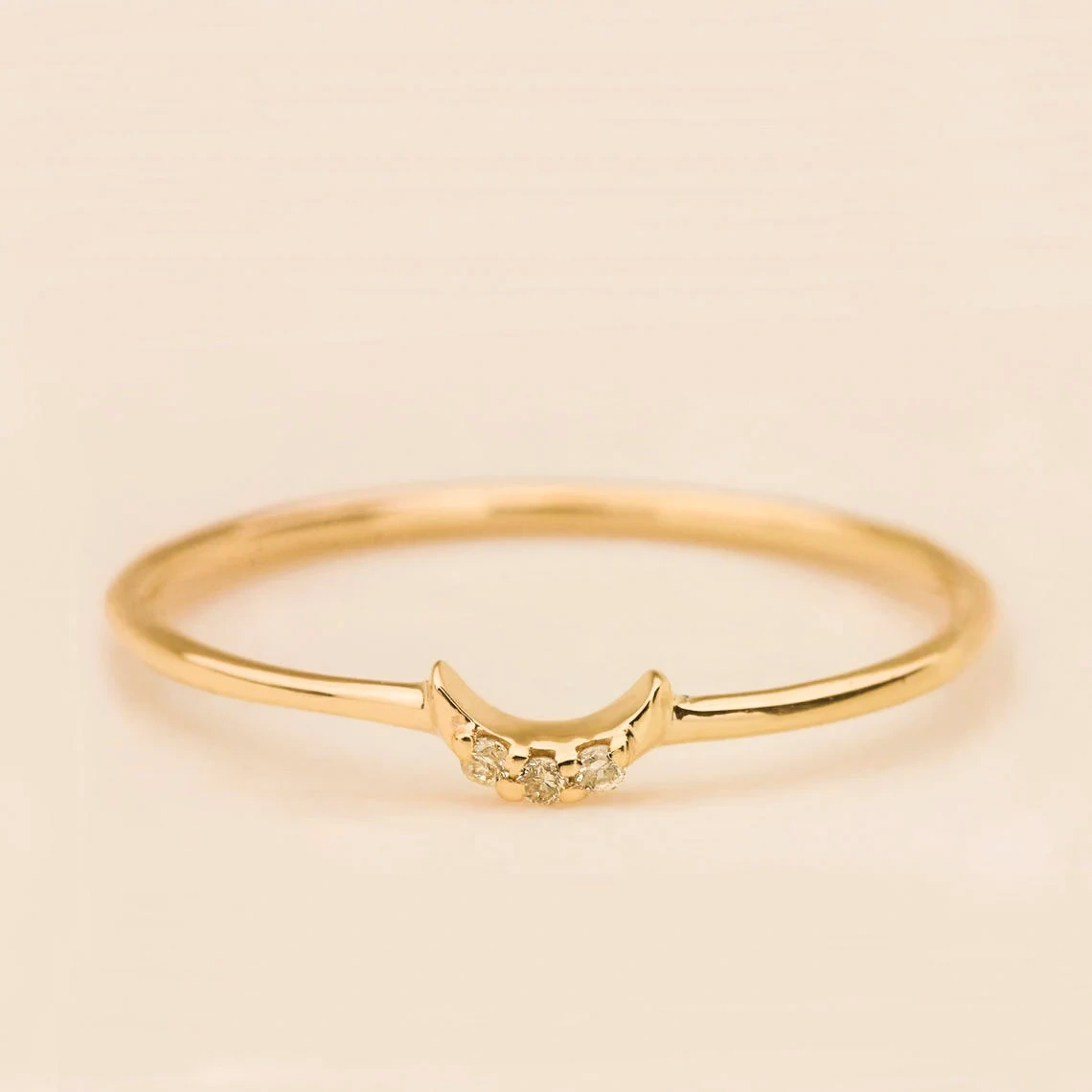 10K Solid Gold Crescent Moon Phase Handmade Plain Stacking Inset Diamond Ring Dainty Stacking Minimalist Jewelry Boho Style Statement Ring-11451132