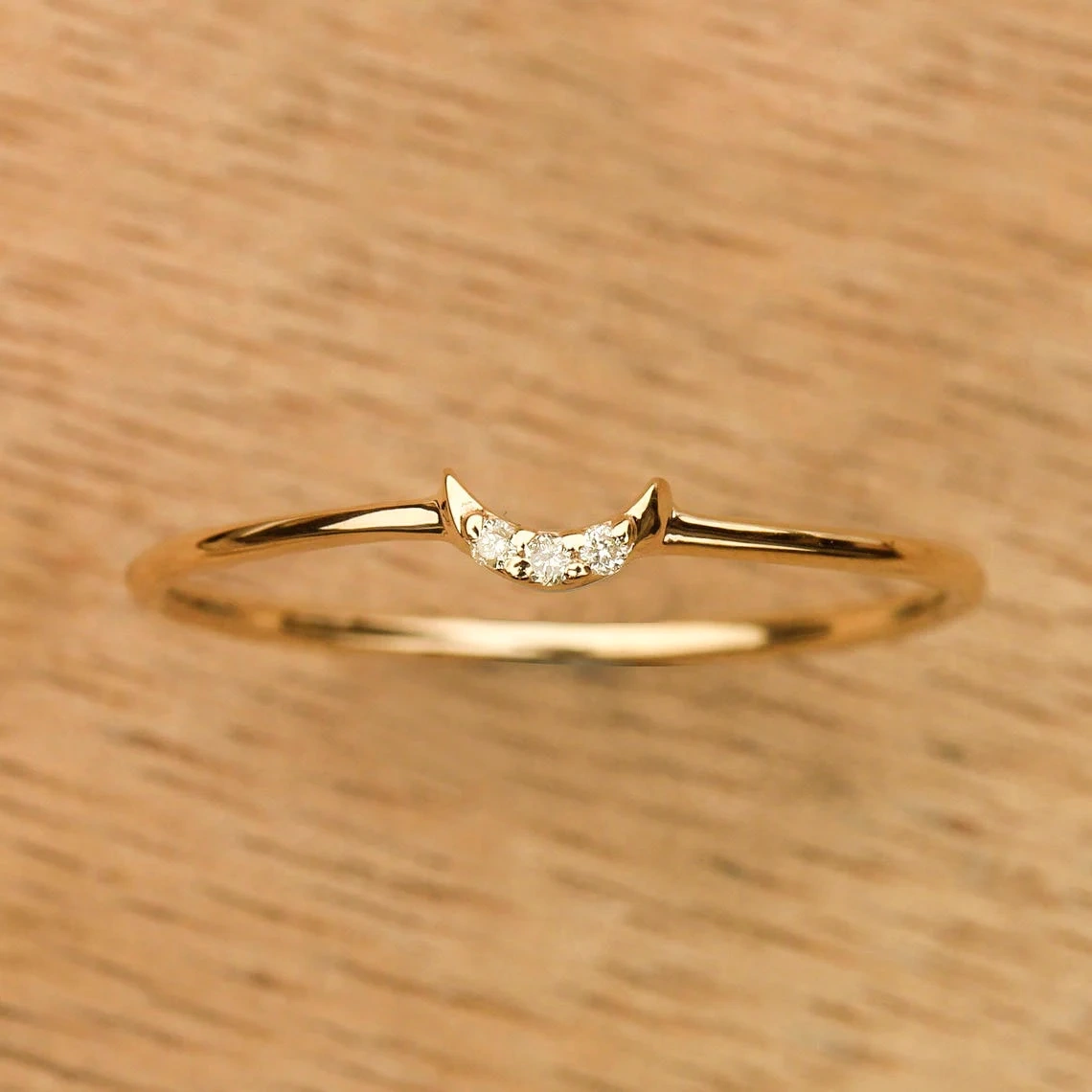 10K Solid Gold Crescent Moon Phase Handmade Plain Stacking Inset Diamond Ring Dainty Stacking Minimalist Jewelry Boho Style Statement Ring-10 3/4 US/Uk size – V-2