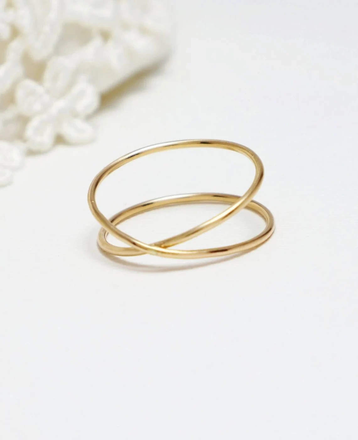 14K Solid Gold Split Shank Wire Ring Stacking Dainty Minimalist Super thin Handmade Ring Modern Double Band Delicate Unisex Criss Cross Ring-10 3/4 US/Uk size – V-3