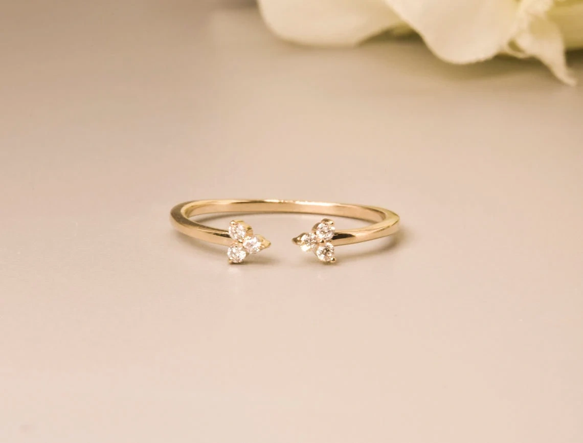 14K Solid Gold Dainty Open Stacking Statement Adjustable Crystal Ring Love Minimalist Delicate Ring Simple Unique Handmade Crystal Band ring-11451354