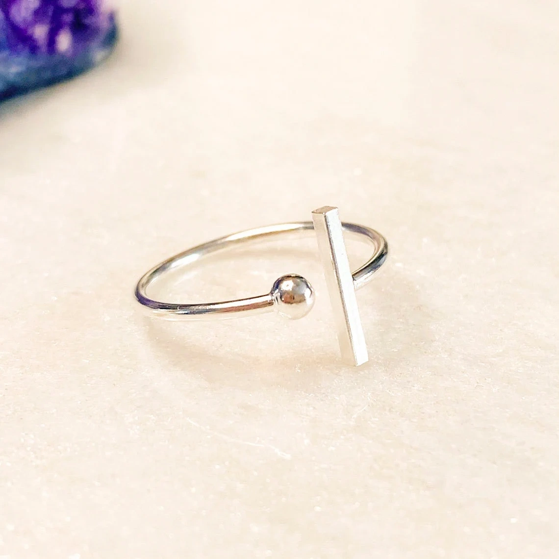 925 Sterling Silver Vertical Bar Ball Adjustable Ring Handmade Open Geometric Dainty Stacking Ring Silver Simple Minimalist Unisex Ring-11451464