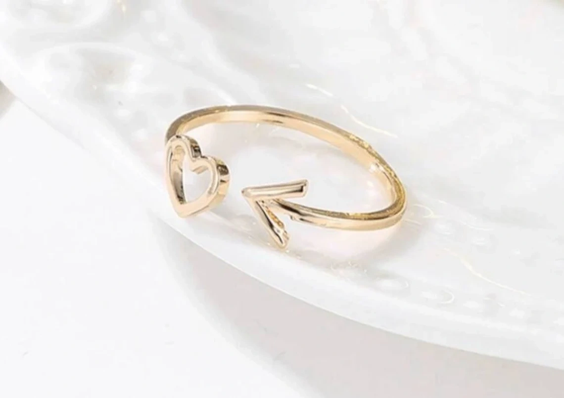 14K Solid Gold Dainty Heart Arrow Stacking Statement Adjustable Ring Love Minimalist Delicate Ring Simple Unique Handmade Open Heart Ring-11452304