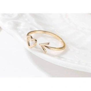 14K Solid Gold Dainty Heart Arrow Stacking Statement Adjustable Ring Love Minimalist Delicate Ring Simple Unique Handmade Open Heart Ring